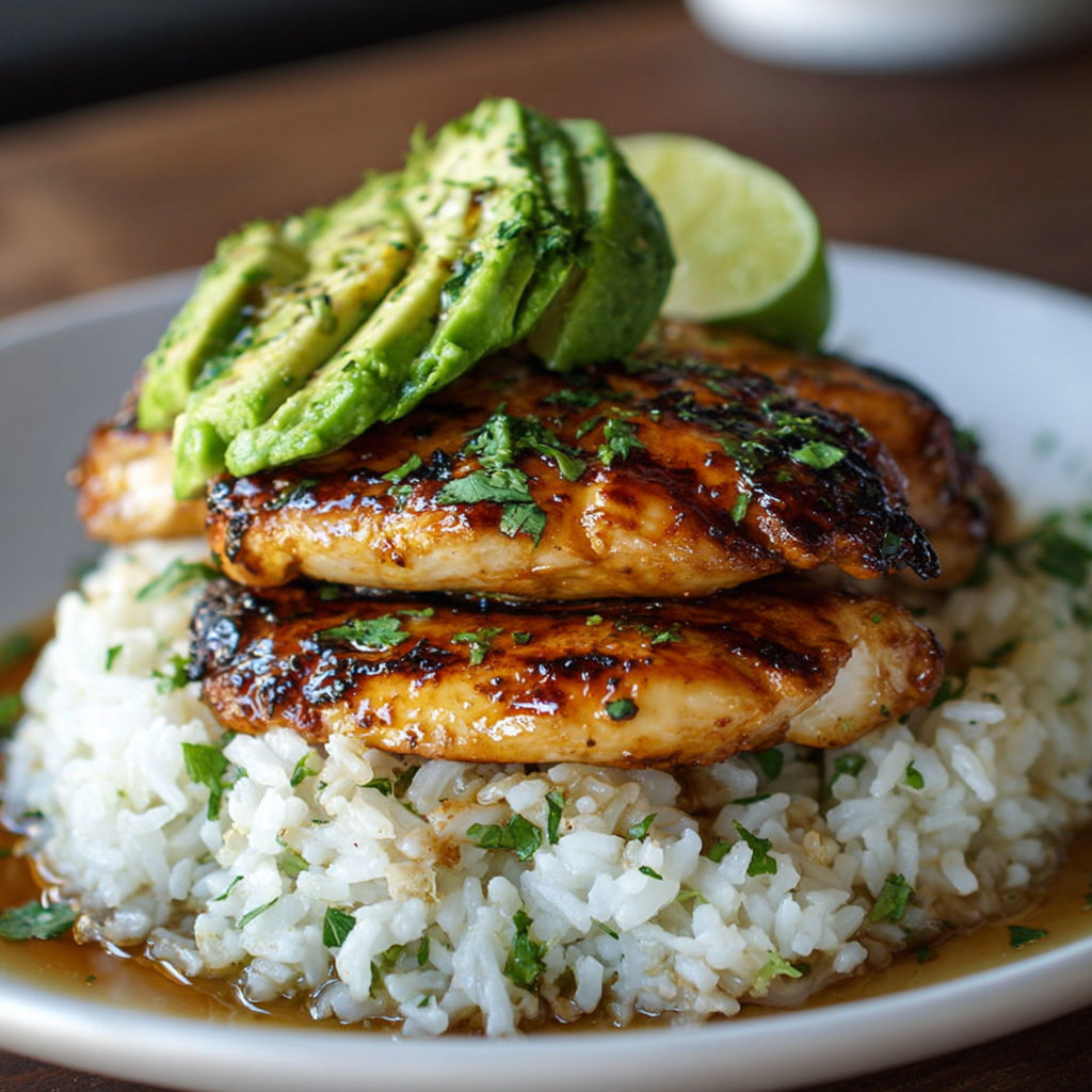 A plate of food with rice, chicken, and avocado.