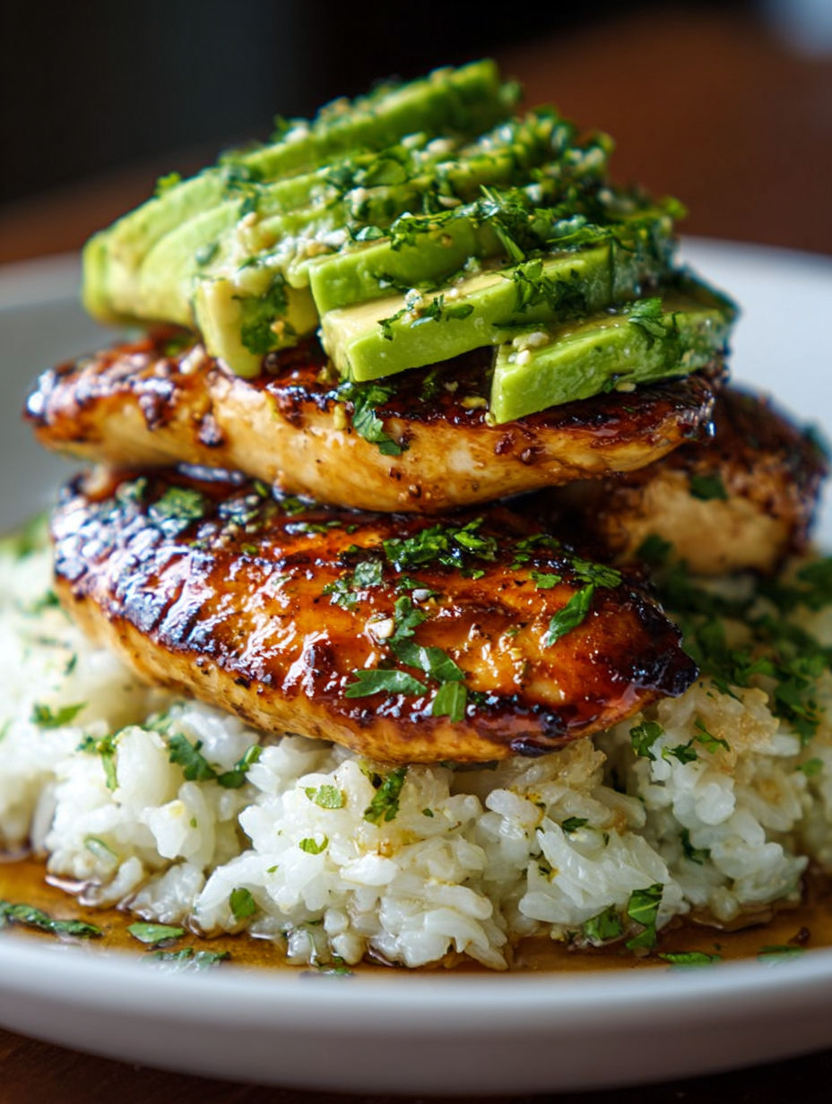 A plate of food with rice, chicken, and avocado.