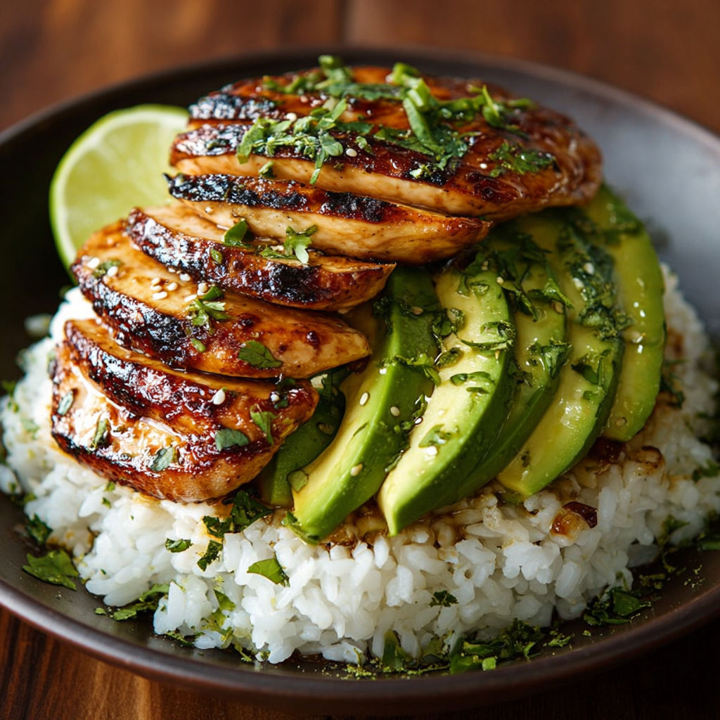 A plate of food with chicken, avocado, rice and lime.