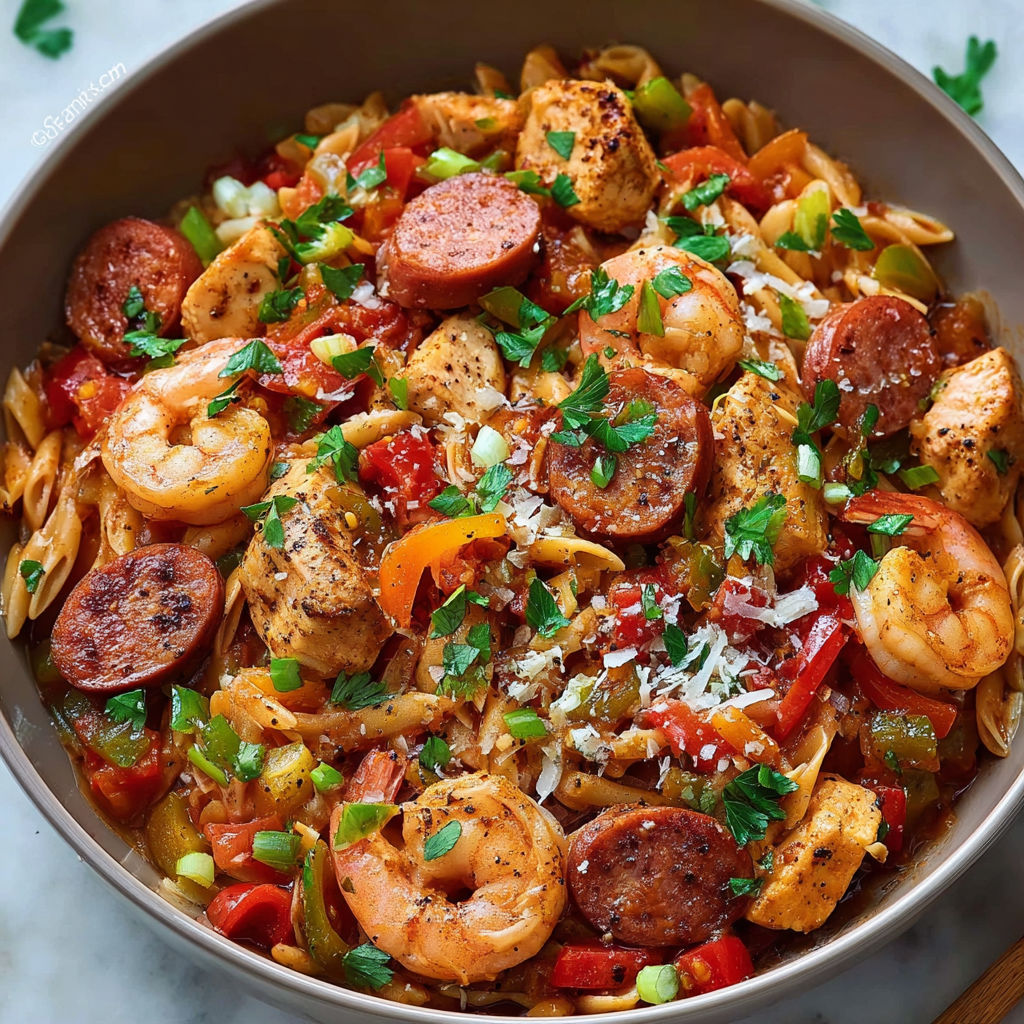 A bowl of jambalaya pasta with sausage, peppers, and onions.