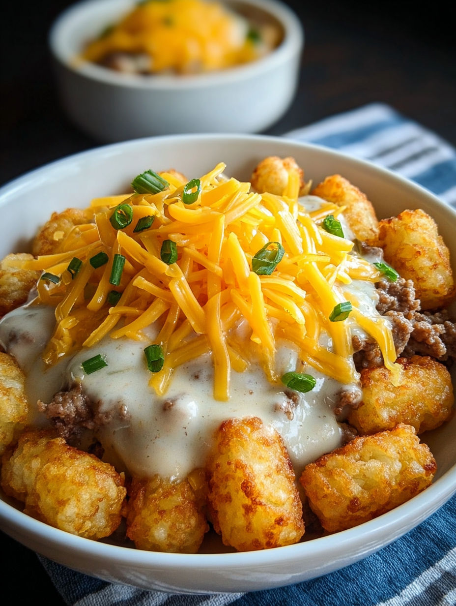 A bowl of tater tots with cheese on top.