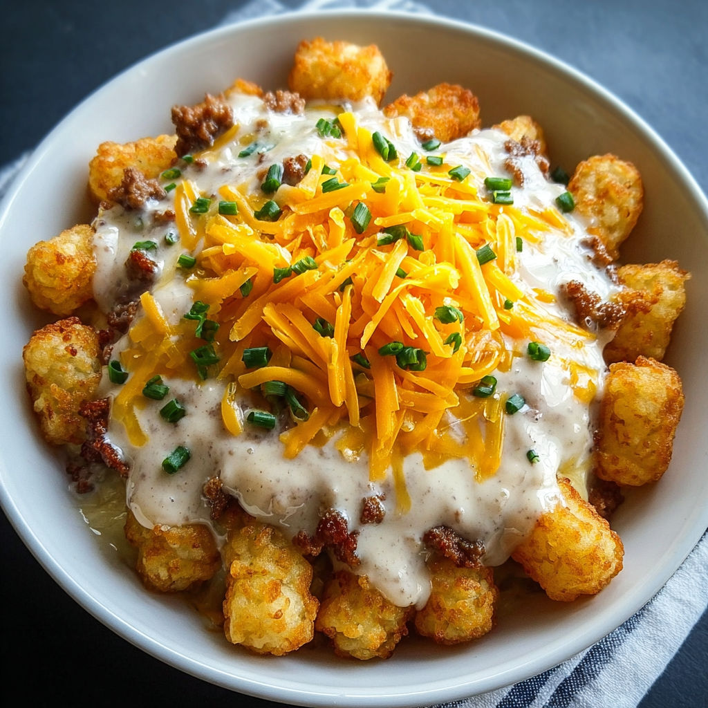 A bowl of tater tots with cheese on top.