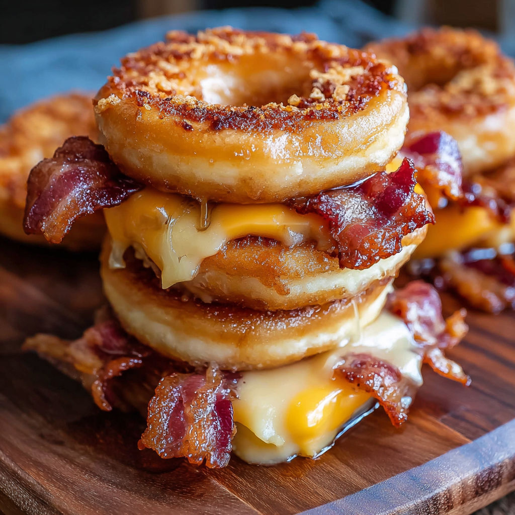 A stack of bacon and cheese donuts.