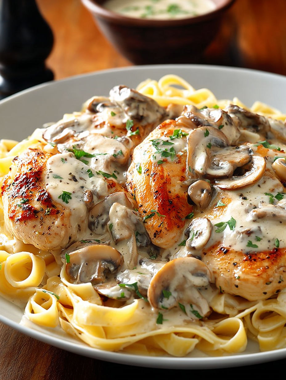 A plate of chicken Alfredo with mushrooms and noodles.