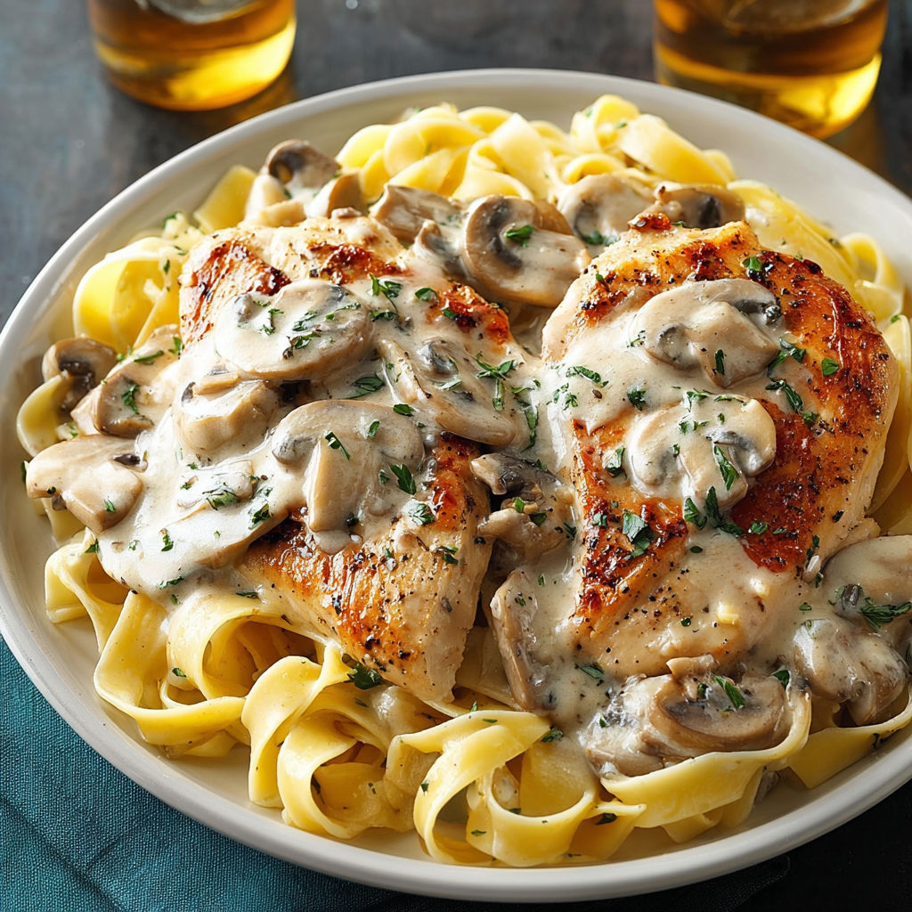 A plate of chicken Alfredo with mushrooms and noodles.