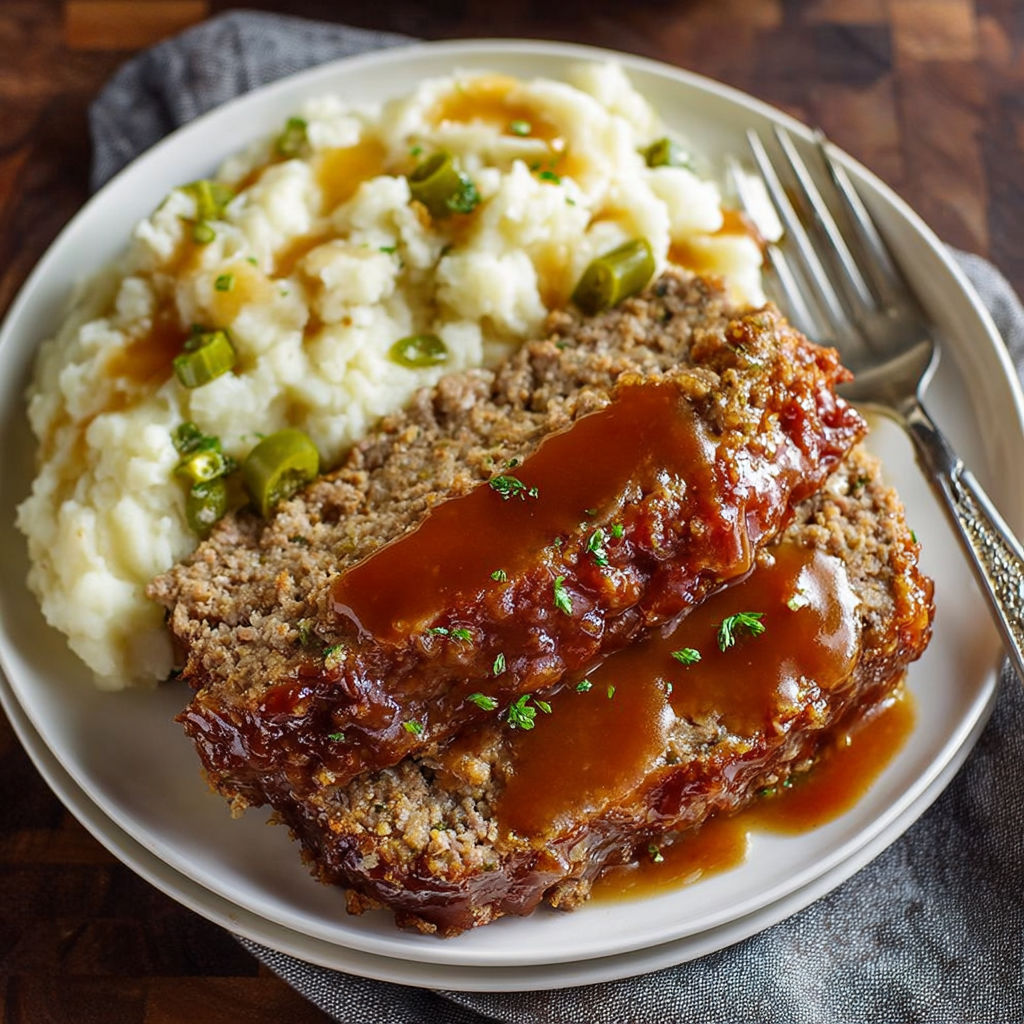 A plate of meatloaf with gravy and mashed potatoes.