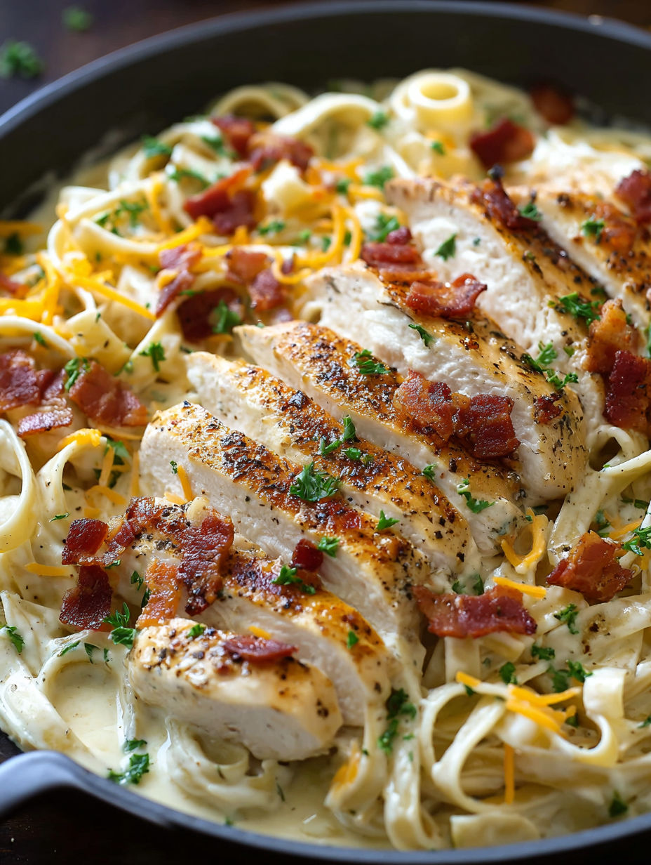 A dish of chicken and pasta with bacon and cheese.