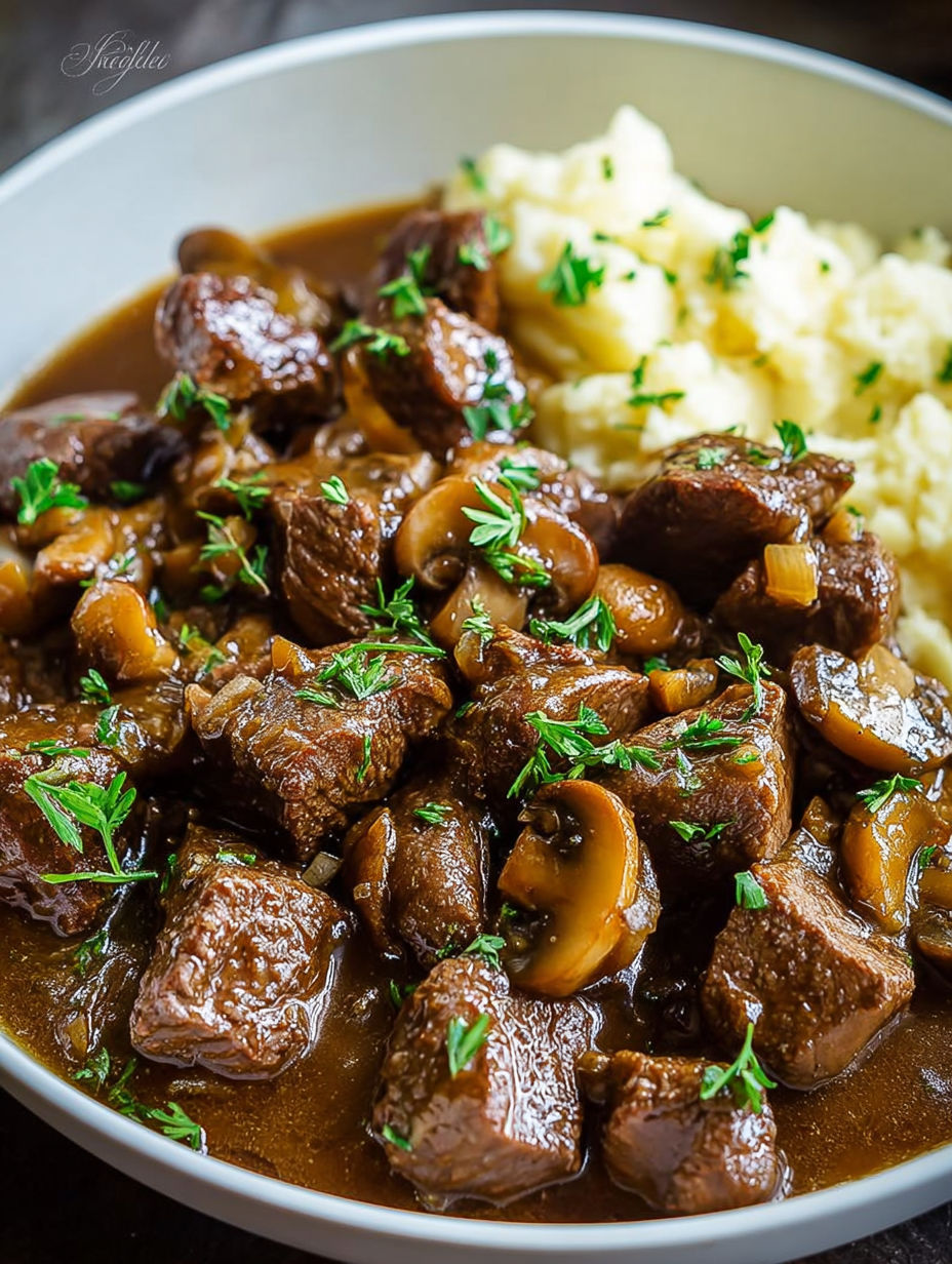 A bowl of beef tips and gravy.