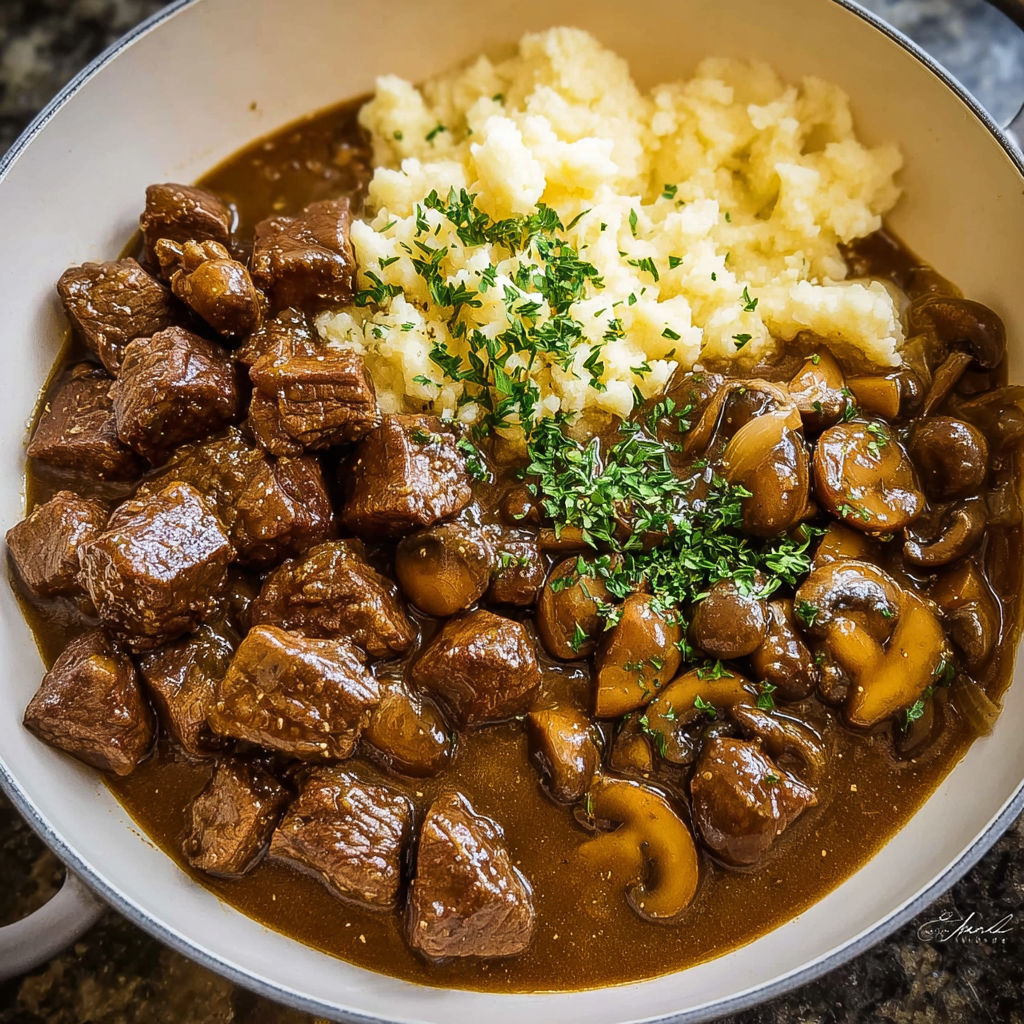 A bowl of beef tips and gravy.