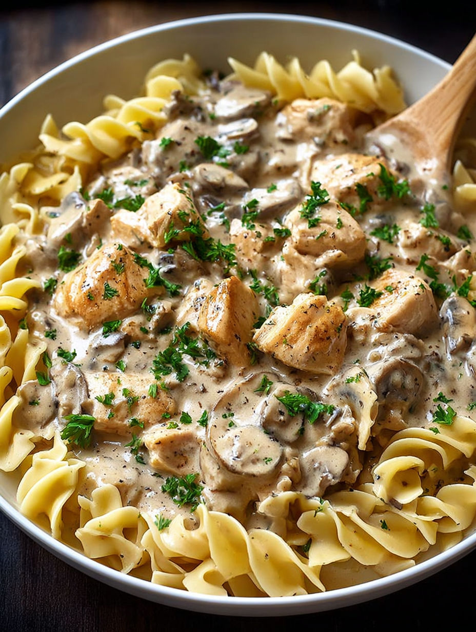 A bowl of chicken stroganoff with noodles and mushrooms.