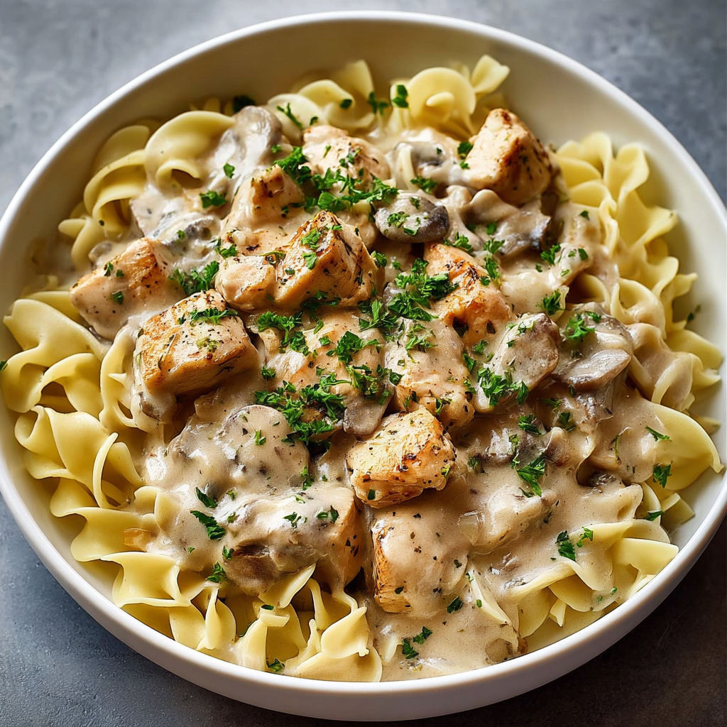 A bowl of chicken stroganoff with noodles and mushrooms.