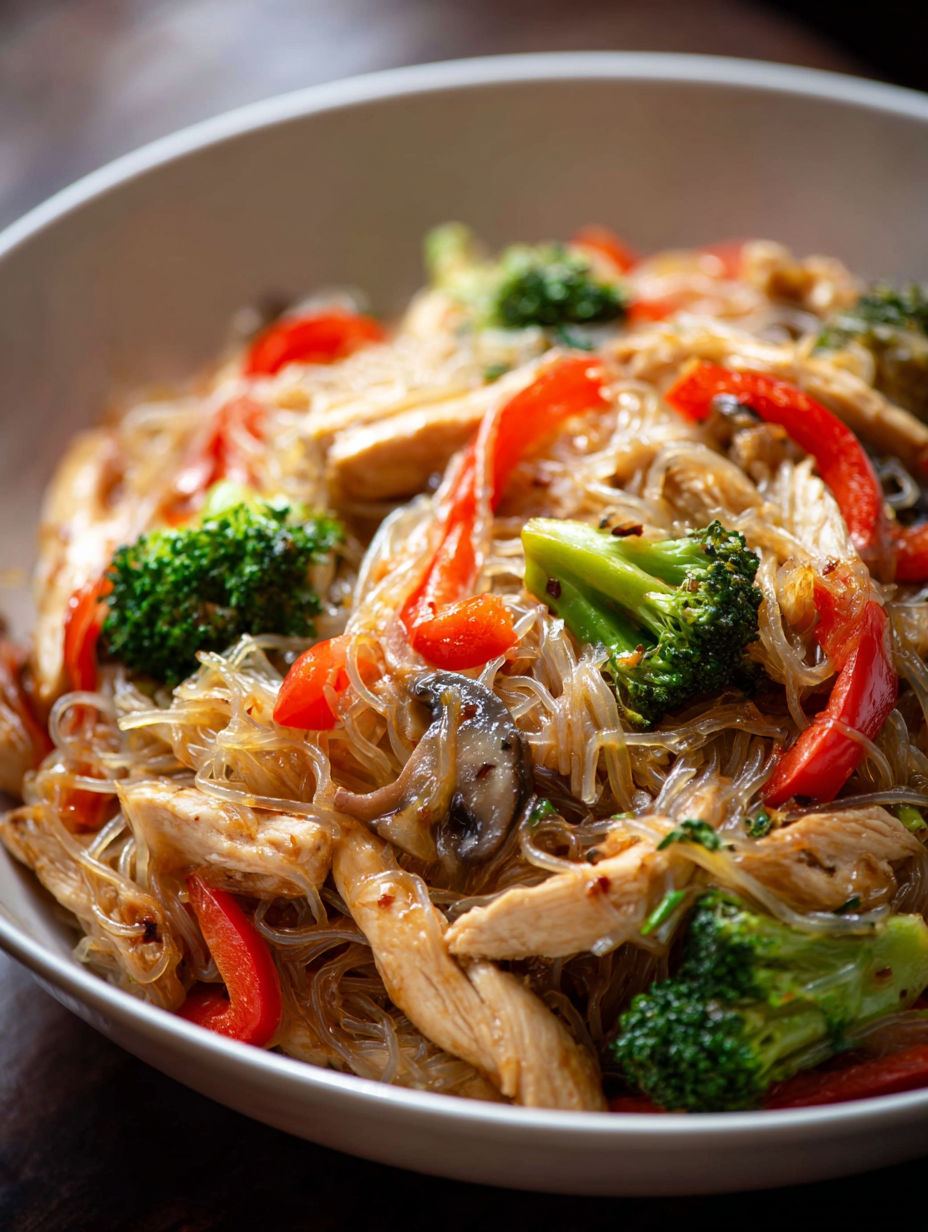 A bowl of chicken stir fry with rice noodles.