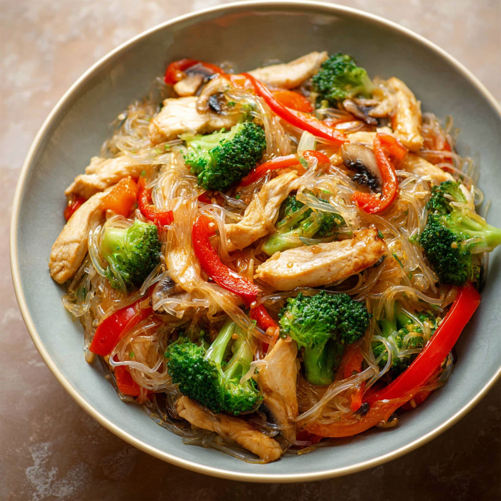 A bowl of chicken stir fry with rice noodles.