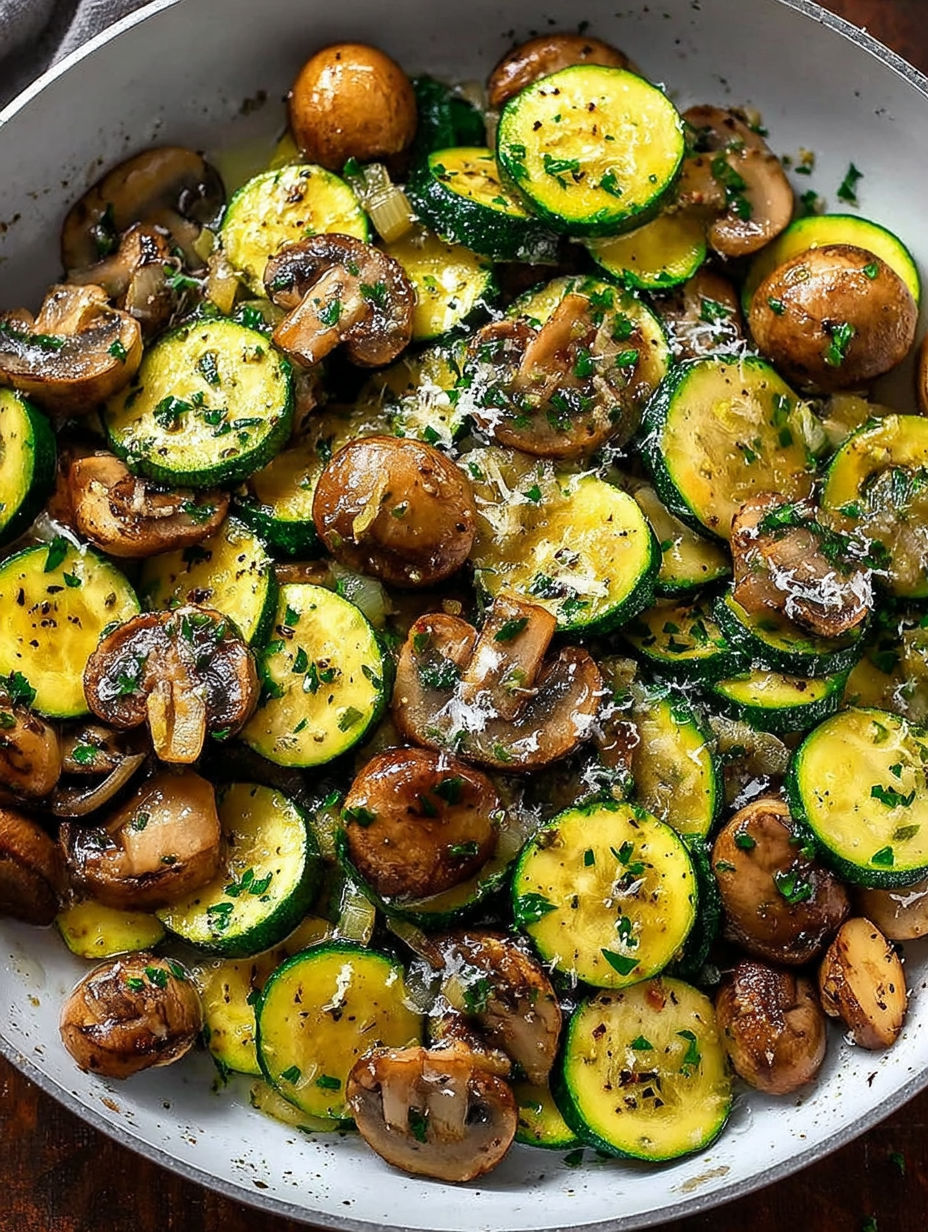 A skillet of zucchini and mushrooms.