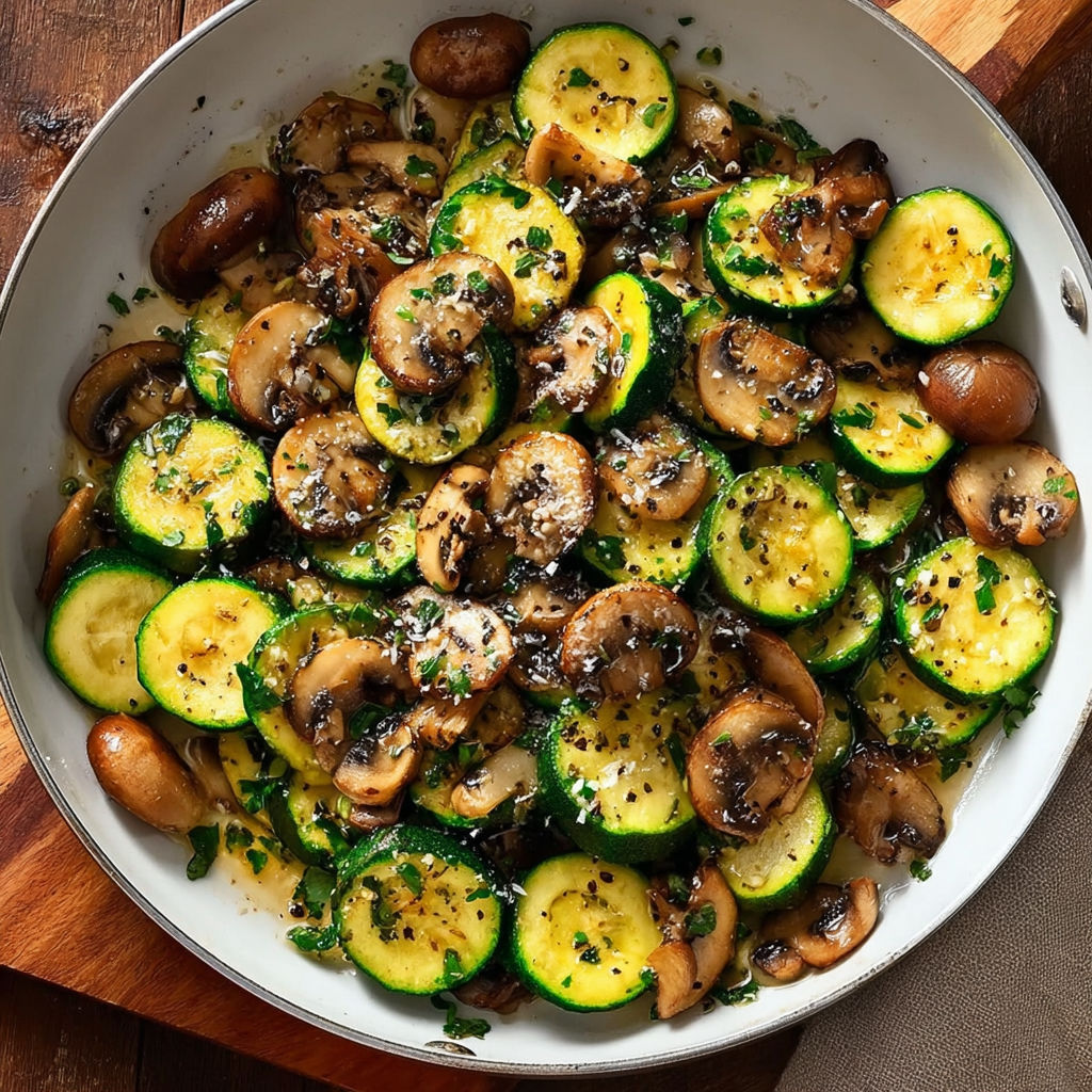 A skillet of zucchini and mushrooms.