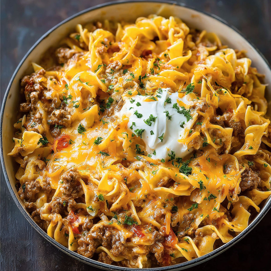 A bowl of noodle bake with sour cream on top.