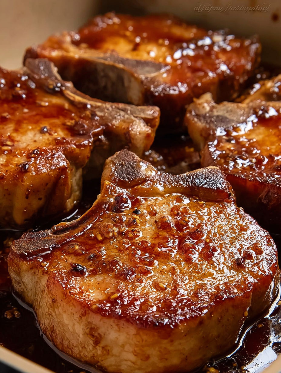 Brown sugar pork chops on a plate.