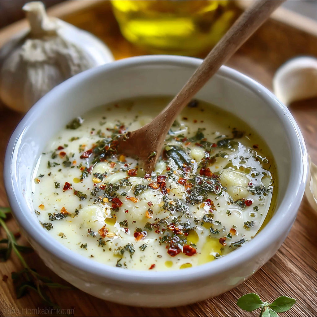 A bowl of garlic sauce with a spoon in it.