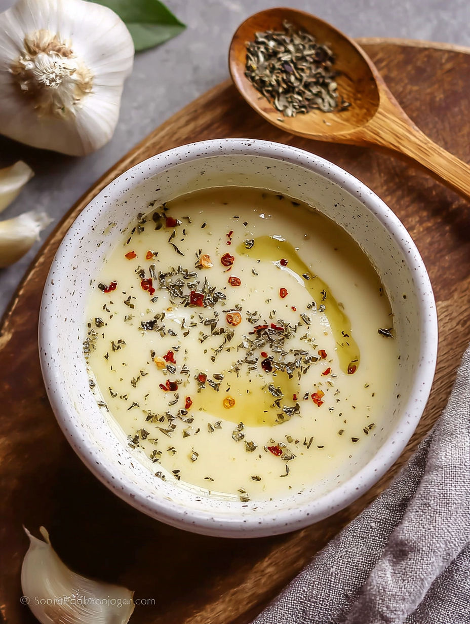 A bowl of garlic sauce with a spoon in it.
