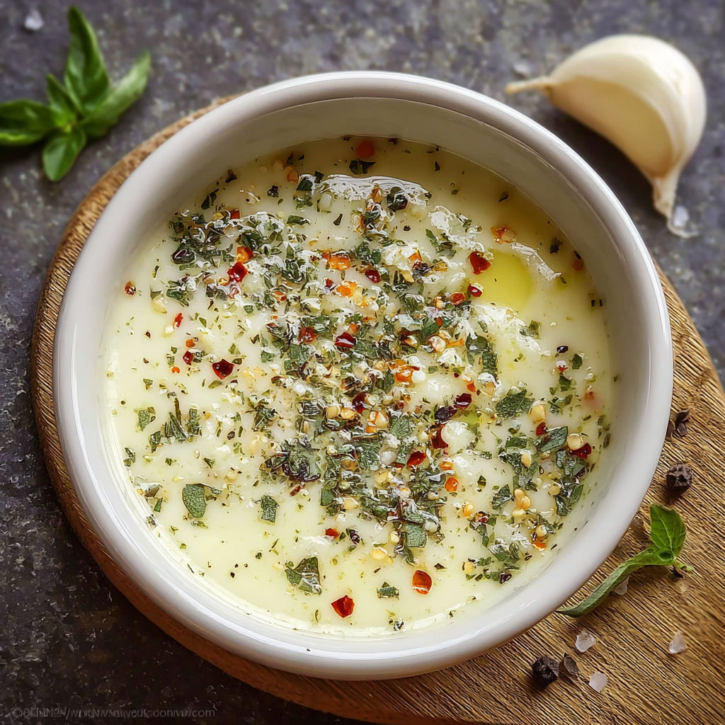 A bowl of garlic sauce with a spoon in it.