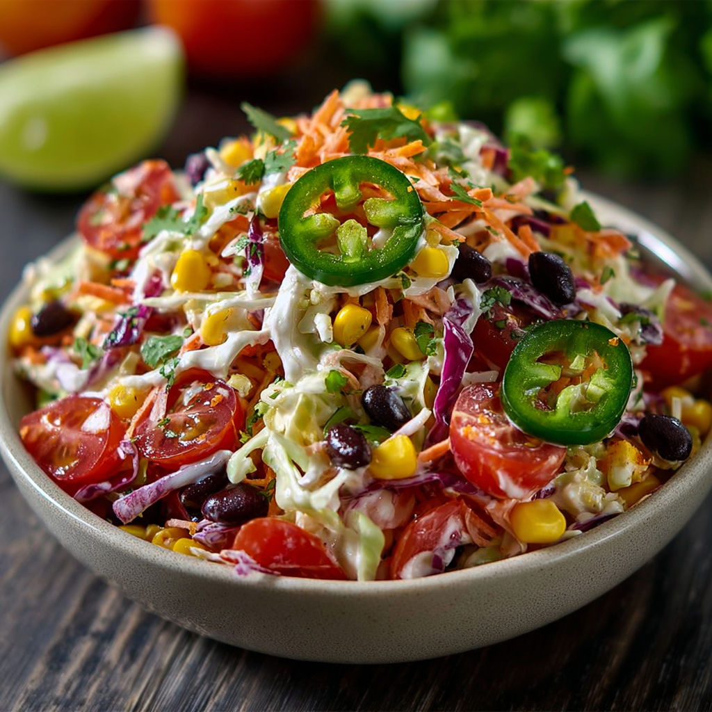 A bowl of Mexican coleslaw with tomatoes, corn, and jalapenos.