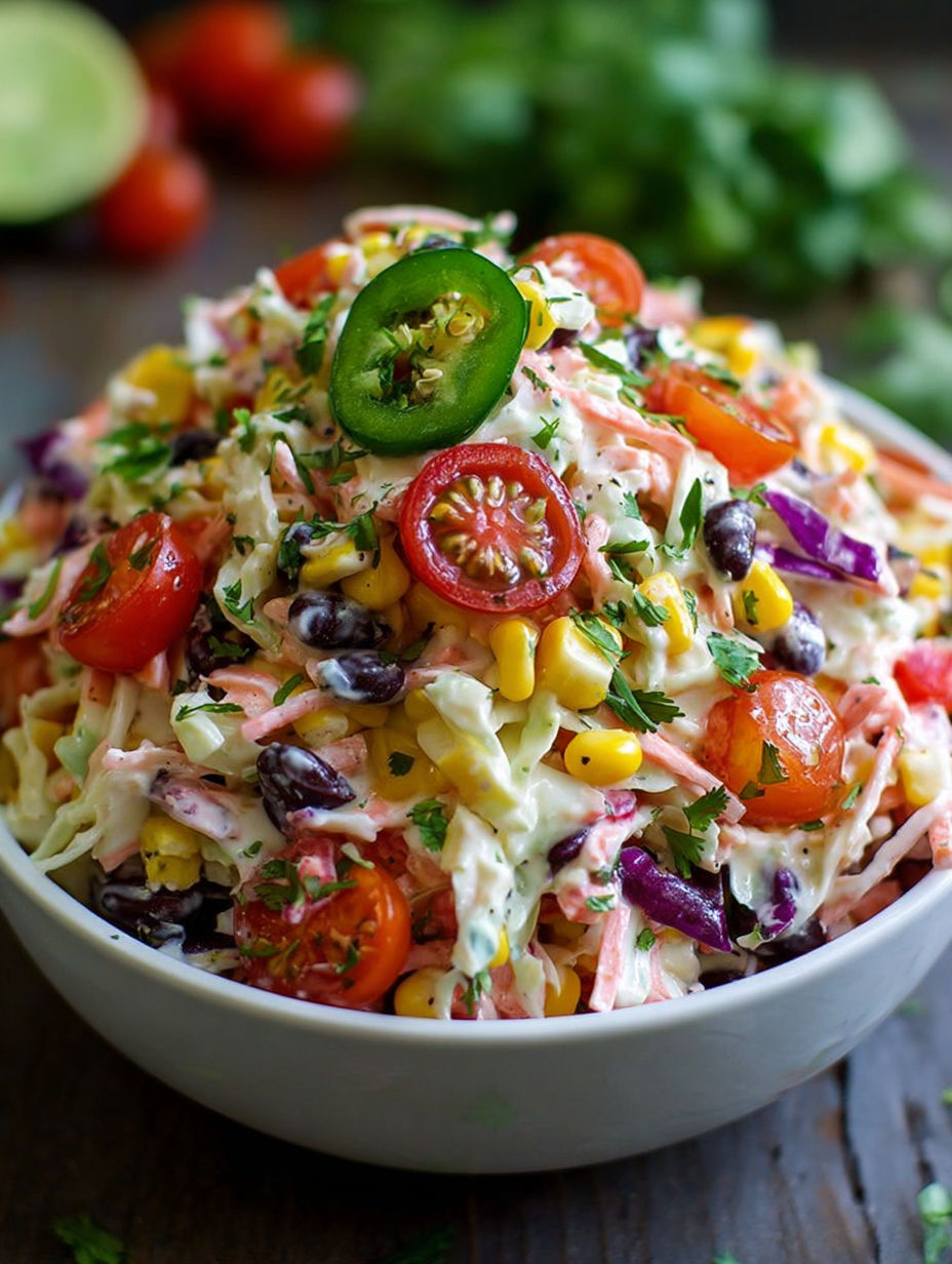 A bowl of Mexican coleslaw with tomatoes, corn, and cucumbers.