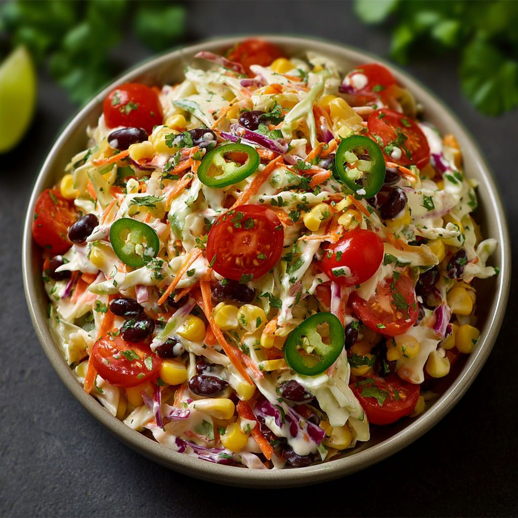 A bowl of Mexican coleslaw with tomatoes and corn.