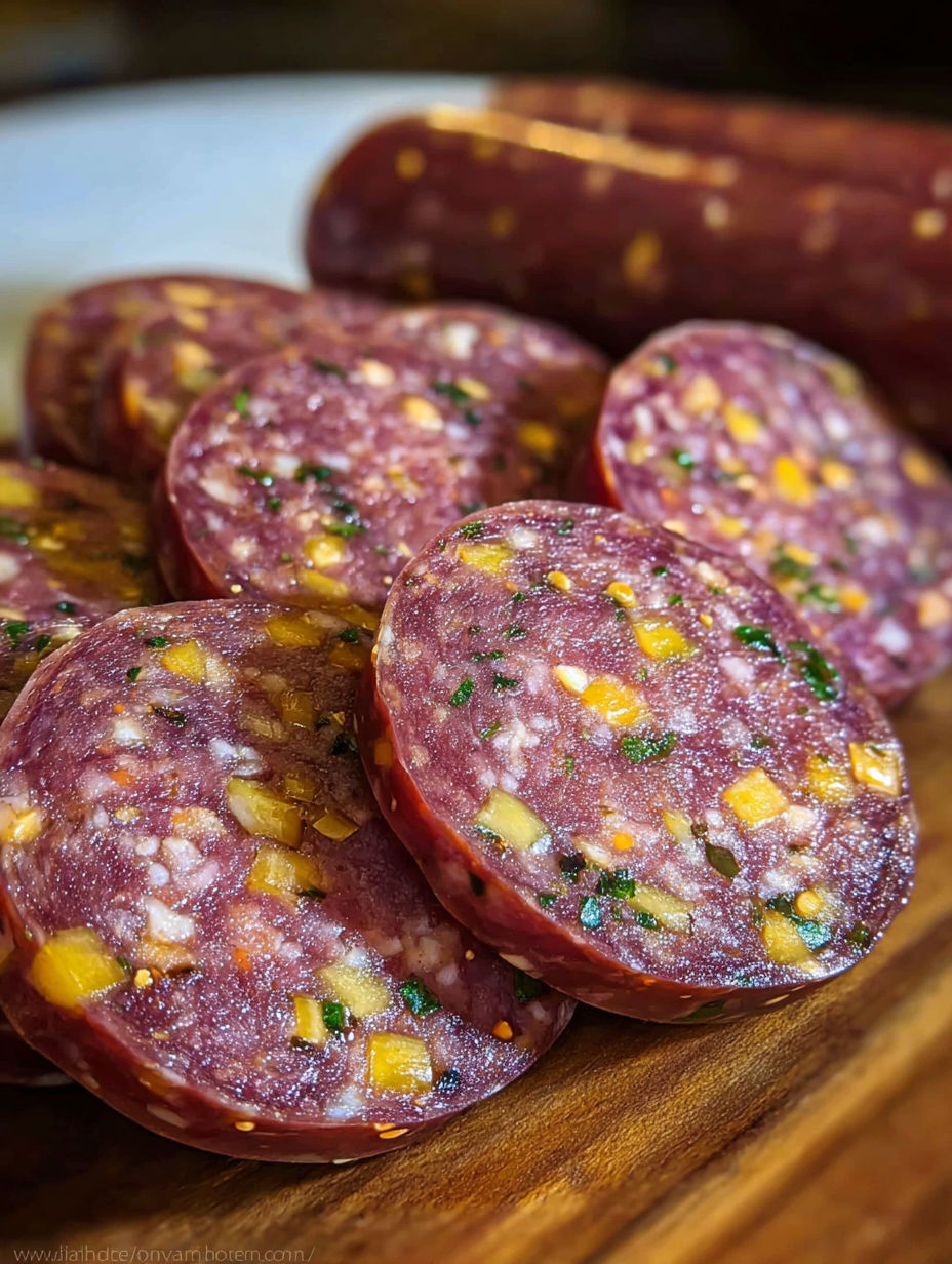 A pile of venison jalapeno cheddar summer sausage.
