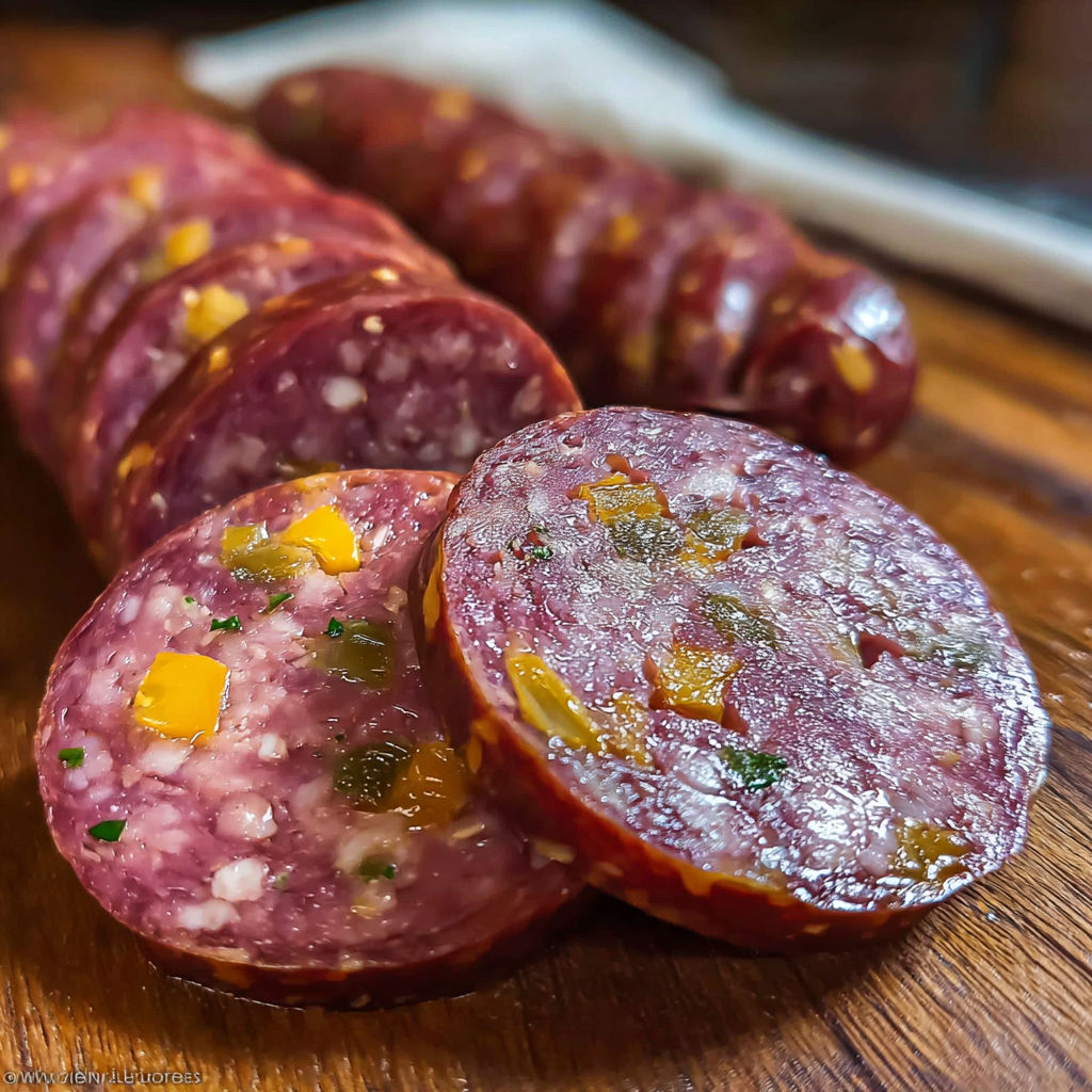 Sliced venison jalapeno cheddar summer sausage.