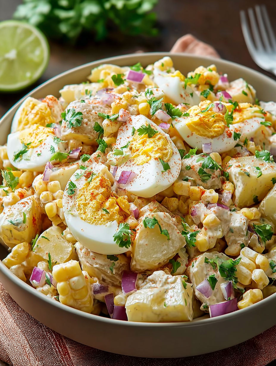A bowl of Mexican corn salad with eggs, onions, and peppers.