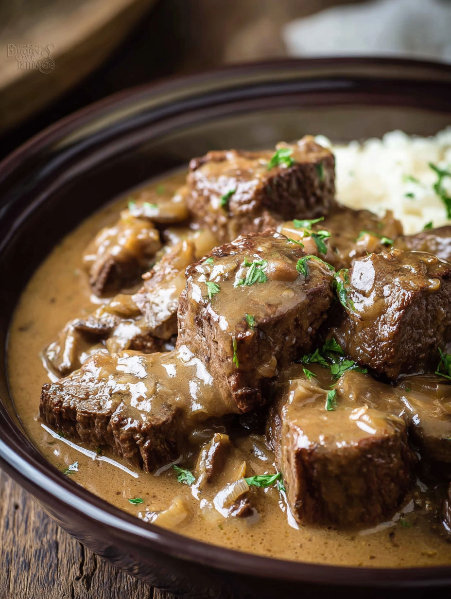 A bowl of beef cubes in a brown sauce.