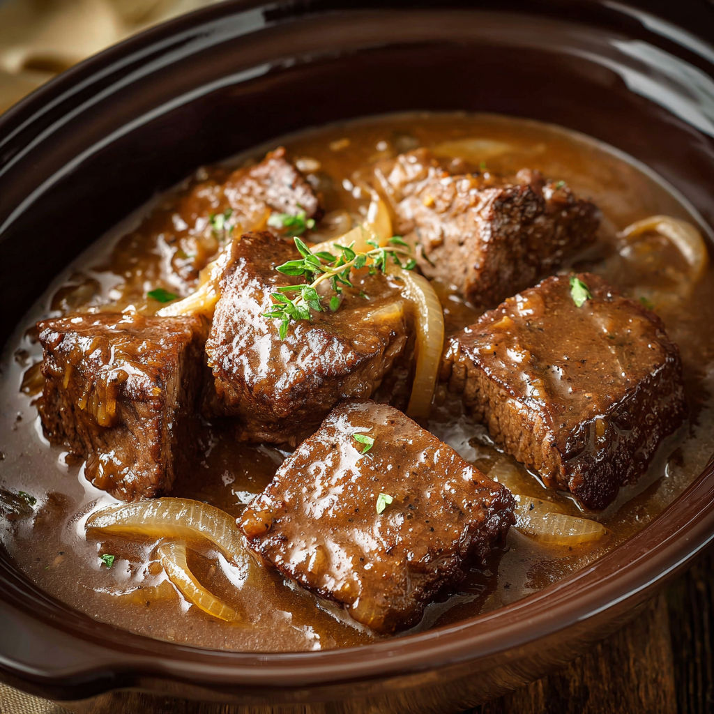 A crockpot filled with cubed steak and onions.