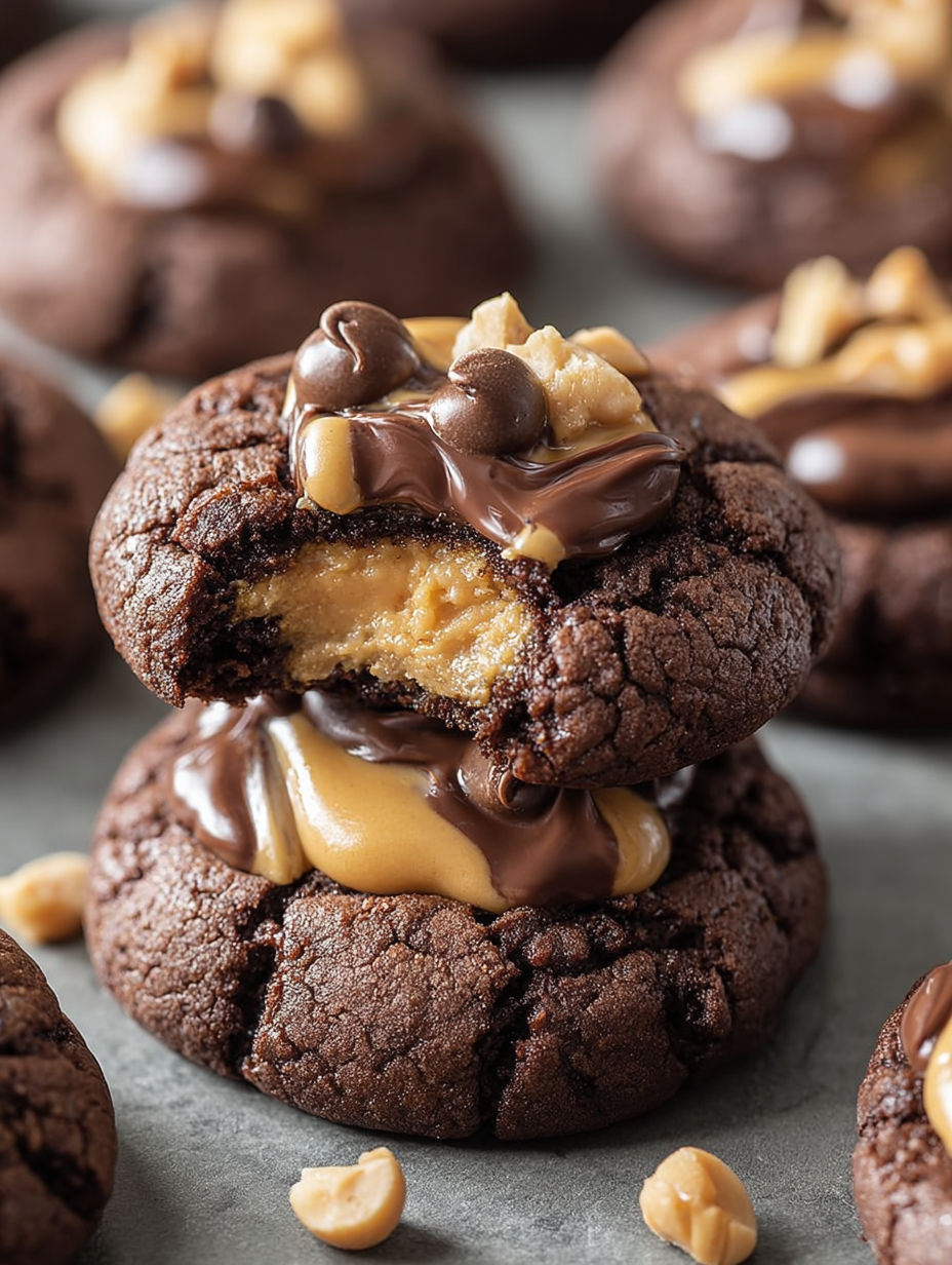 A close up of a chocolate brownie with peanut butter and chocolate drizzled on top.