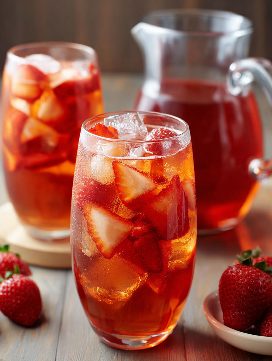 Two glasses of strawberry tea with ice and a pitcher of the same drink.