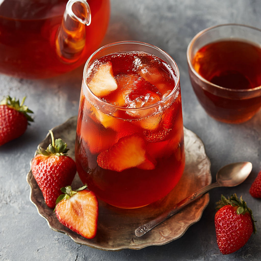 A glass of strawberry tea with a spoon next to it.
