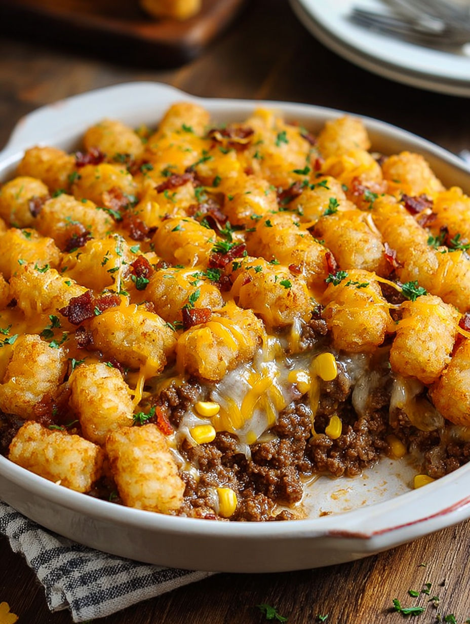A bowl of food with tater tots and cheese.