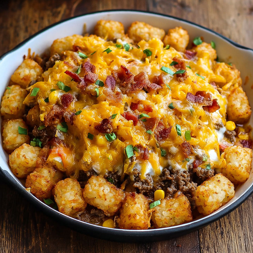 A bowl of food with bacon and cheese.