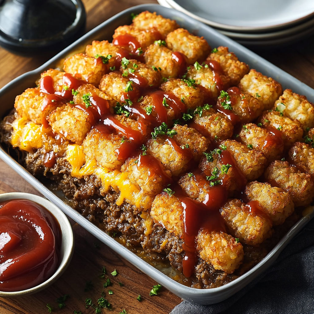 A cheesy meatloaf tater tot casserole.