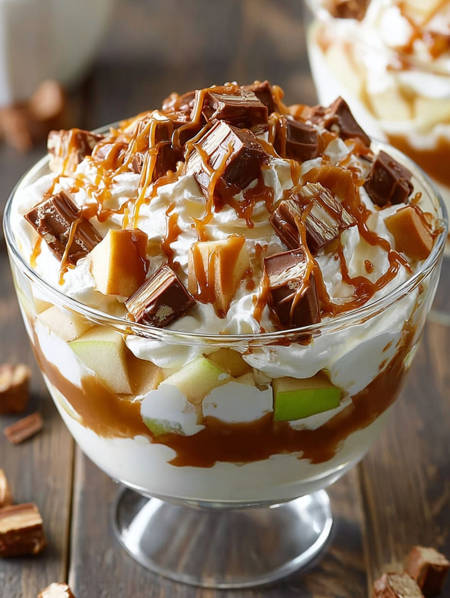 A delicious dessert with caramel and apples.