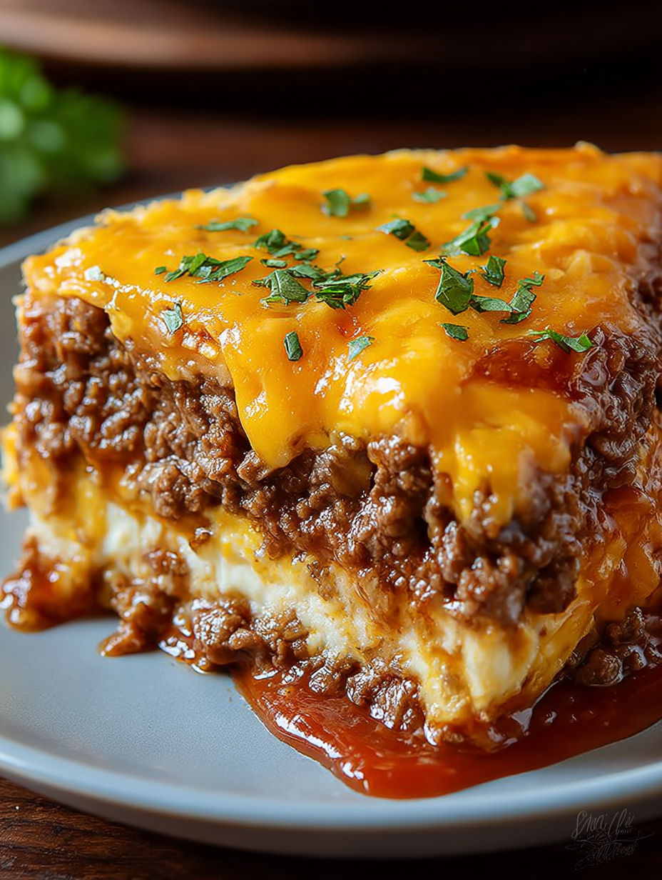 A slice of cheesy beef cake.