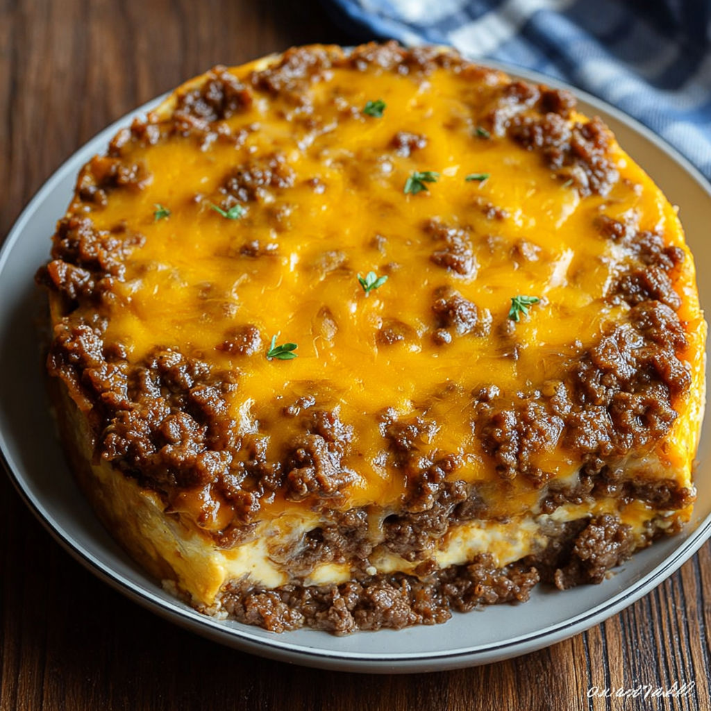 A cheesy beef cake on a plate.