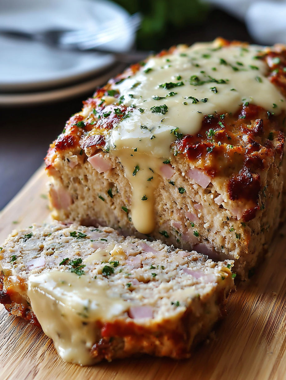 A piece of chicken cordon bleu meatloaf.