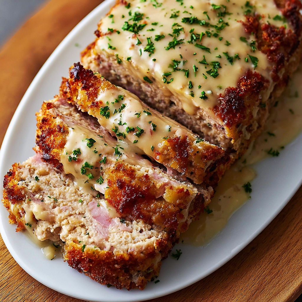 A piece of chicken cordon bleu meatloaf.