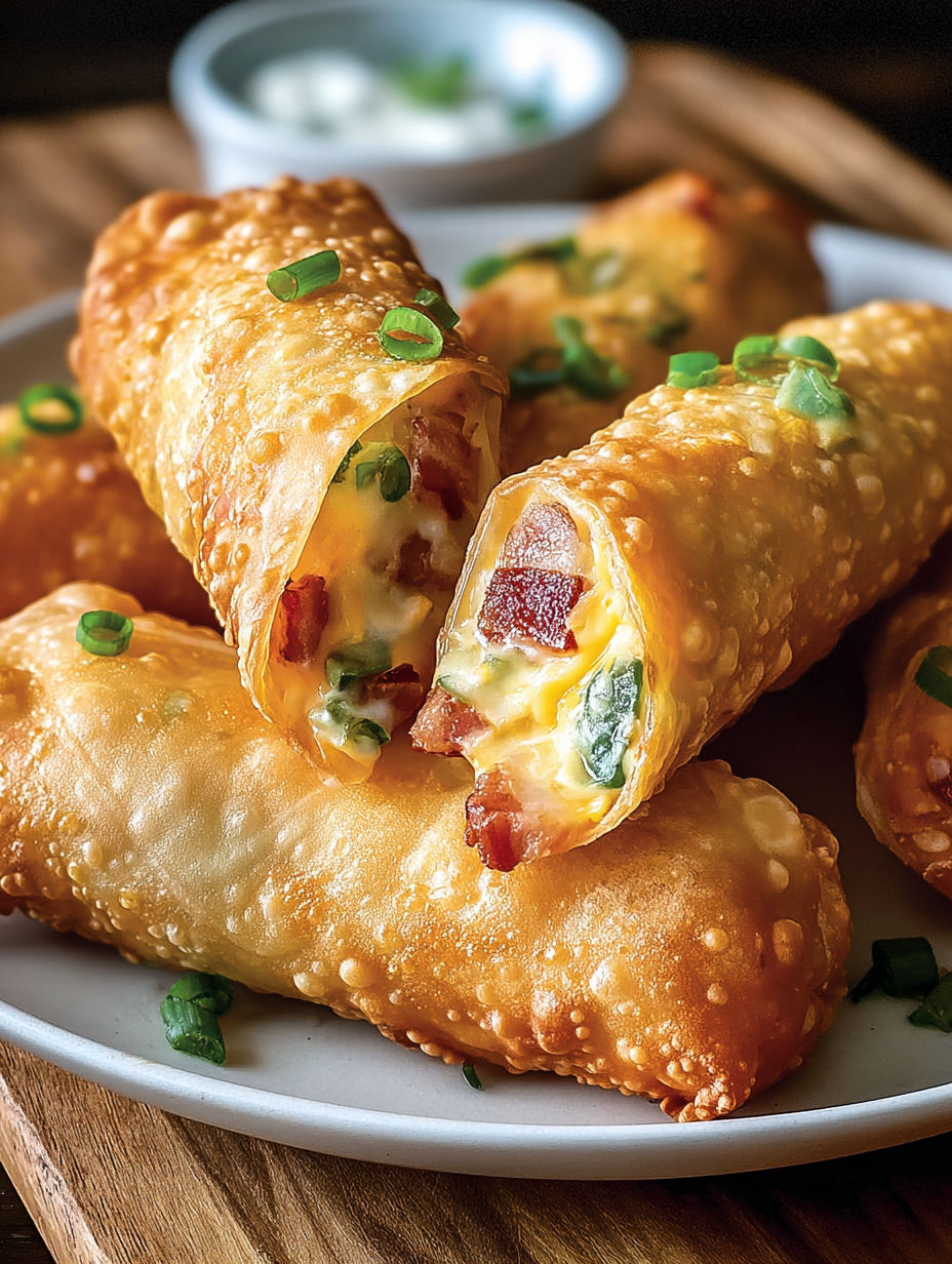 Bacon jalapeno egg rolls on a plate.