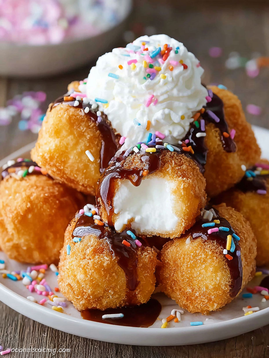 Marshmallows covered in chocolate and whipped cream.