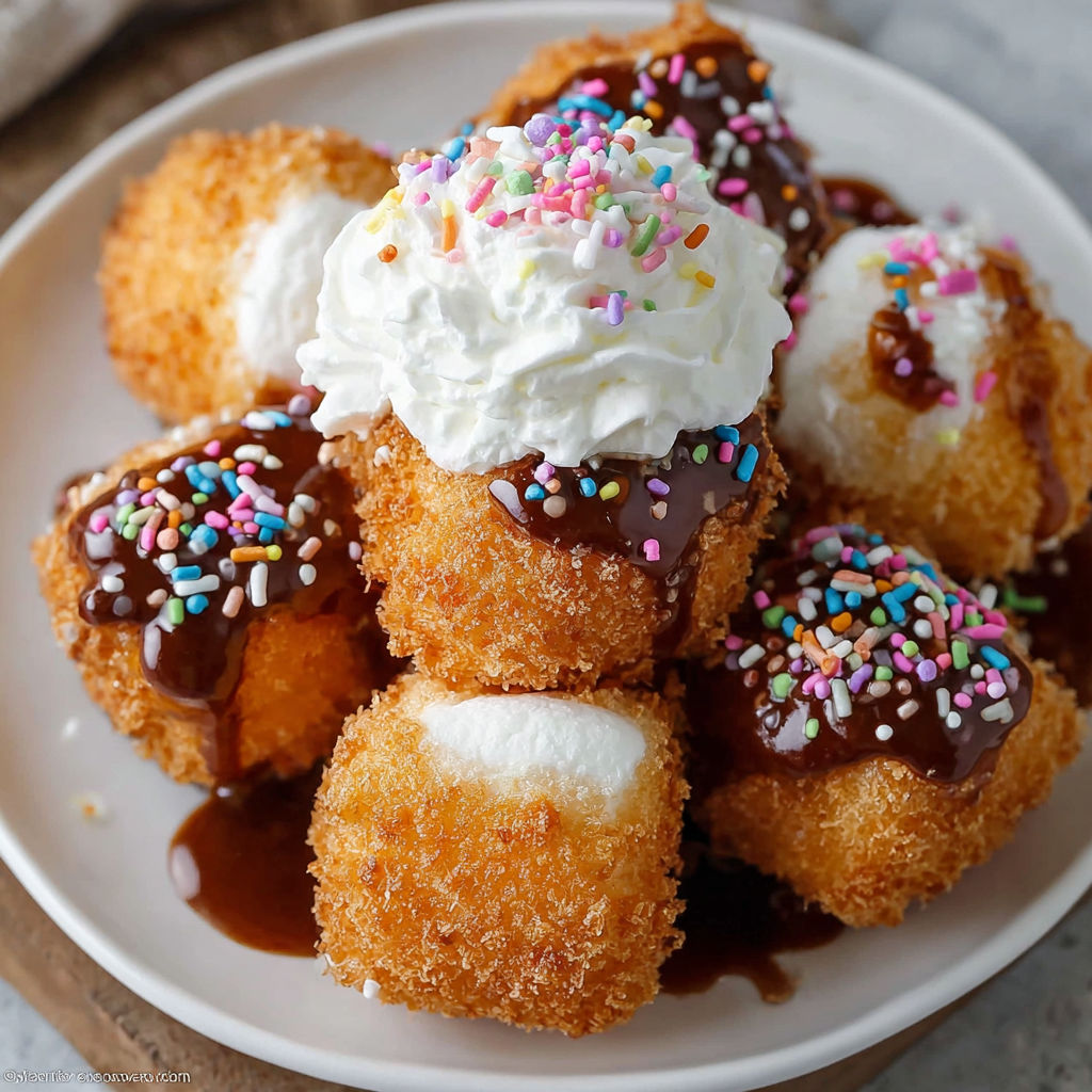 A plate of crispy deep fried marshmallows with chocolate sauce.