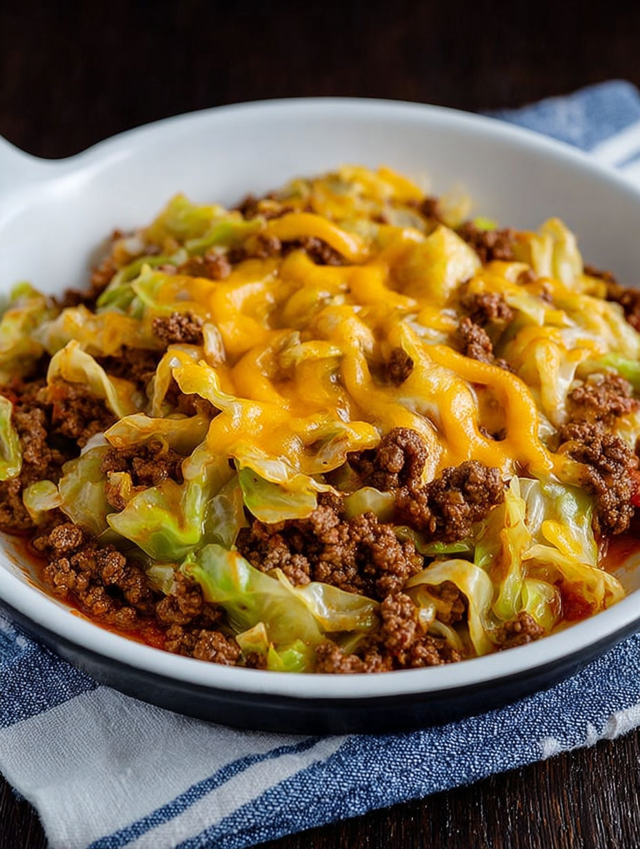 A white bowl filled with a delicious Tex-Mex Cabbage Skillet.