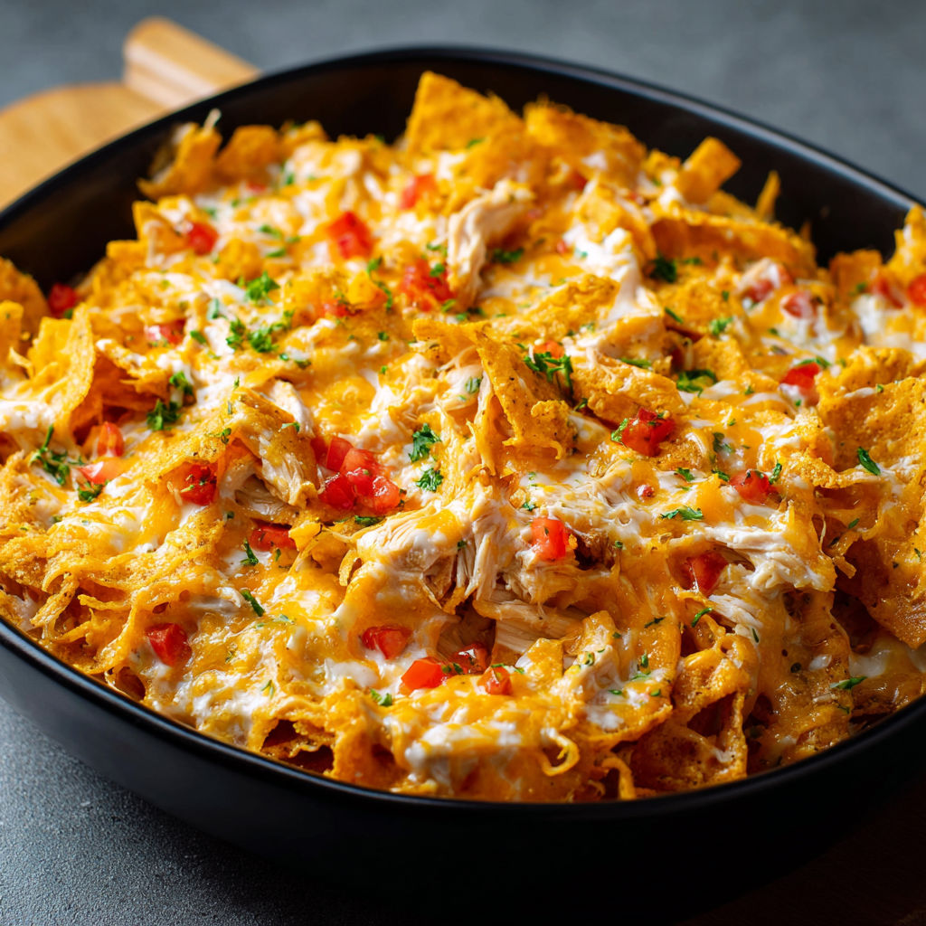 A bowl of Doritos Cheesy Chicken Casserole.