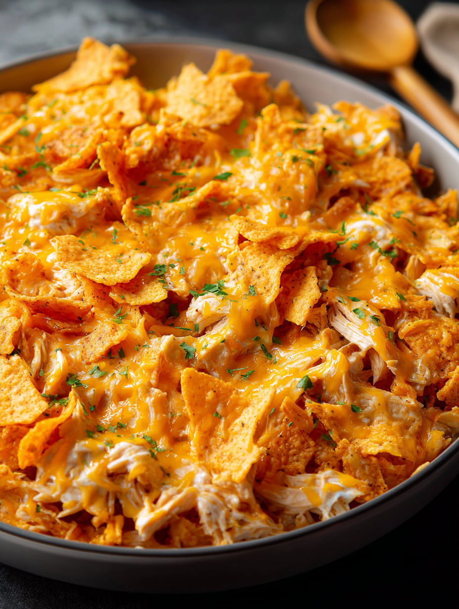 A bowl of Doritos Cheesy Chicken Casserole.