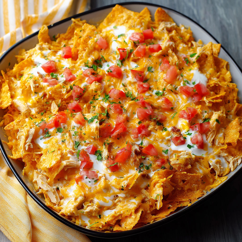 A bowl of Doritos Cheesy Chicken Casserole.